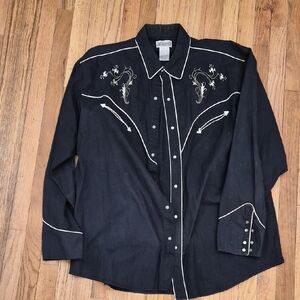 Express Rider Black - White Pearl Snap Down Shirt with White Embroidery